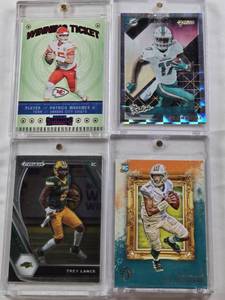 lot 126 image: Jaylen Waddle 2021 Panini Chronicles The Rookies Rookie, Tua Tagovailoa 2020 Panini Chronicles Gridiron Kings Rookie, Patrick Mahomes 2020 Panini Contenders Winning Ticket, Trey Lance Rookie 2021 Panini Prizm Draft Picks