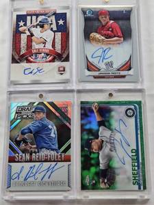 lot 133 image: Jakson Reetz 2014 1st Bowman Chrome Auto, Justus Sheffield Rookie 2019 Topps Chrome Auto 6599, Cole Stobbe 2015 Panini Elite Extra Edition Auto 4449, Sean Reid-Foley 2014 Panini Draft Picks Press Proof Auto 55199