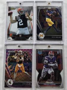 lot 136 image: Nico Collins 2021 Panini Prizm Rookie, Trevor Etienne 2023 1st Bowman University, Johnny Manziel Rookie 2014 Topps Finest, Josh Allen 2021 Panini Prizm Draft Picks