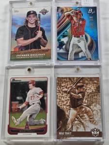 lot 137 image: Mike Trout 2018 Bowman Platinum, Mike Trout 2018 Panini Diamond Kings, Jackson Holliday Rookie 2023 Topps Pro Debut, Mike Trout 2012 Bowman