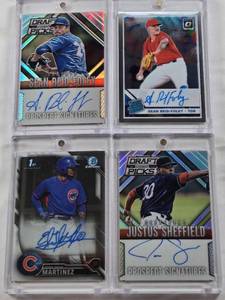 lot 138 image: Sean Reid-Foley 2019 Optic Rated Rookie Auto, Justus Sheffield 2014 Panini Prizm Draft Picks Auto, Sean Reid-Foley 2014 Panini Prizm Draft Picks Auto, Eddy Julio Martinez 2016 1st Bowman Chrome Auto
