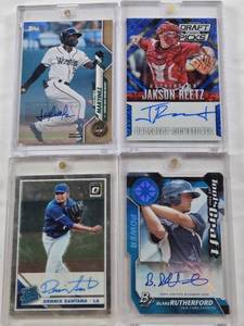 lot 148 image: Jakson Reetz 2014 Panini Draft Picks Prospect Auto, Blake Rutherford 2017 Bowman Platinum Tools of the Craft Power Auto 1235, Julio Pablo Martinez 2020 Topps Auto 550, Dennis Santana 2018 Donruss Optic Rated Rookie Auto