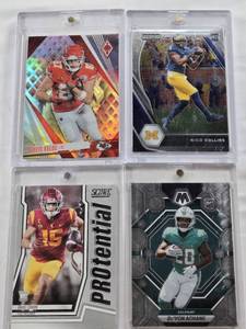 lot 151 image: Nico Collins 2021 Panini Prizm Rookie, Devon Achane 2023 Panini Mosaic Rookie, Travis Kelce 2023 Panini Phoenix, Drake London 2022 Score Potential