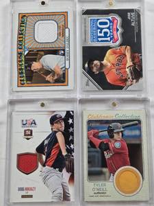 lot 165 image: Jose Altuve 2019 Topps 150th Anniversary Commemorative Patch, Tyler ONeill 2017 Topps Heritage Clubhouse Collection Patch, Bobby Dalbec 2021 Clubhouse Collection Patch, Doug Nikhazy 2014 Panini USA Baseball National Team Patch 3999