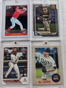 lot 177 image: Jackson Merrill 2024 Bowman Chrome, Jose De Leon 2017 Topps Heritage Rookie, Shohei Ohtani 2019 Optic Highlights, Elly De La Cruz 2023 Topps Pro Debut