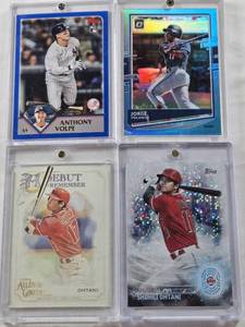 lot 182 image: Jorge Polanco 2020 Panini Donruss Optic Prizm 1150, Shohei Ohtani 2020 Topps 2030, Anthony Volpe 2023 Rookie Topps, Shohei Ohtani 2020 Allen & Ginter A Debut to Remember
