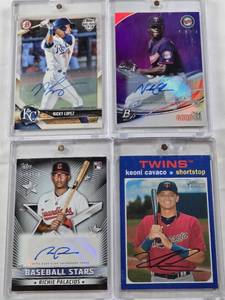 lot 198 image: Nick Gordon 2016 Bowman Platinum Auto 46150, Keoni Cavaco 2020 Topps Heritage Auto 5099, Nicky Lopez 2018 Topps Holiday Auto 499, Richie Palacios Rookie 2022 Topps Baseball Stars Auto 149199