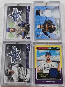 lot 200 image: Salvador Perez 2021 Topps All-Star Game Patch, Ryan Mountcastle 2021 Topps Holiday Patch Rookie, Adam Frazier 2021 Topps All-Star Game Patch, MJ Melendez 2024 Topps Heritage Clubhouse Collection Patch