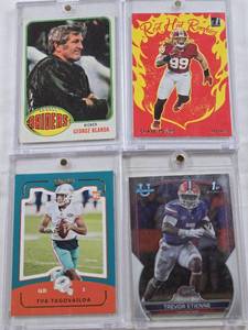 lot 201 image: Chase Young 2020 Panini Red Hot Rookies, Trevor Etienne 2022 1st Bowman U, George Blanda 1976 Topps, Tua Tagovailoa 2020 Panini Classics Rookie