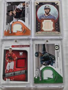 lot 205 image: Randy Arozarena 2023 Allen & Ginter Relic, Jesus Luzardo 2021 Topps Major League Material Patch, Joey Bart 2021 Topps Major League Material Patch, Tyler Stephenson 2021 Panini Rookie Threads Patch
