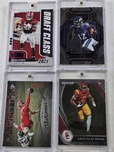 lot 218 image: Rashod Bateman Rookie 2021 Panini Select, Amon-Ra St. Brown 2021 Panini Prizm Rookie, Najee Harris 2021 Panini Draft Class Rookie, Patrick Mahomes II 2023 Panini Luminance