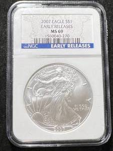 lot 24 image: 2007 AMERICAN SILVER EAGLE NGC MS69