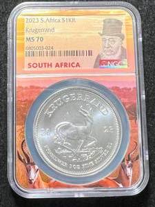 lot 28 image: 2023 S. AFRICAN KRUGERRAND 1 TROY OZ .999 FINE SILVER NGC MS70