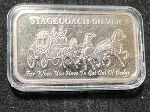 lot 45 image: 1 TROY OZ .999 FINE SILVER STAGECOACH SILVER BAR IN AIRTITE