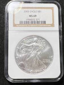 lot 48 image: 2005 AMERICAN SILVER EAGLE NGC MS69