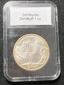 lot 49 image: 1 TROY OZ .999 FINE SILVER ZOMBUCKS ZOMBUFF ROUND