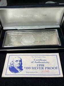 lot 82 image: 4 TROY OZ .999 FINE SILVER $100 BILL DESIGNED BAR