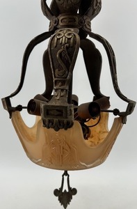 lot 2 image: Pair of Antique Art Deco Ornate Cast Metal Ceiling Chandeliers with Glass Shade