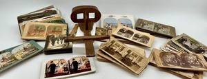 lot 7 image: Antique Wooden Stereoscope Viewer with Collection of Stereograph Cards
