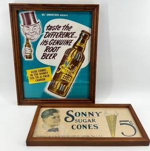 lot 9 image: Set of 2 Framed Vintage Advertising Signs Ol Smoothie Root Beer and Sonny Sugar Cones