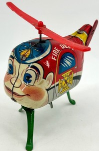 lot 14 image: Vintage Tin Wind-Up Fire Dept Helicopter Toy Japan