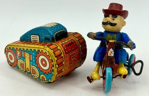 lot 15 image: Vintage Wind-Up Tin Toys Lot - Tank and Cowboy on Tricycle