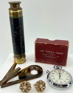 lot 19 image: Vintage Brass Telescope, Stopwatch with Box, Tortoiseshell Tools, and Jewelry Lot