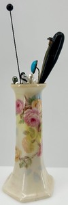 lot 20 image: Antique Porcelain Hat Pin Holder with 5 Decorative Hat Pins