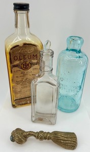 lot 21 image: Lot of 3 Antique Apothecary and Medicine Bottles with Decorative Brass Tassel