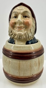 lot 28 image: Vintage Ceramic Toby Jug Barrel Humidor Jar with Bearded Man Lid