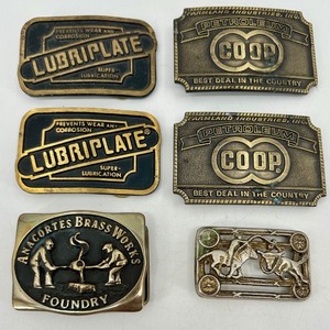 lot 34 image: Collection of 6 Vintage Brass Belt Buckles Lubriplate CO-OP Anacortes Foundry