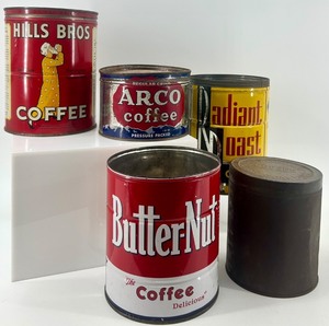 lot 38 image: Collection of 5 Vintage Coffee Tins Including Hills Bros, Arco, Radiant Roast, and Butter-Nut
