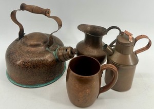 lot 42 image: Collection of 4 Vintage Copper Kitchenware Items - Kettle, Jug, Pitcher and Mug