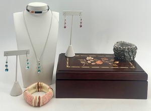 lot 48 image: Jewelry Box with Floral Inlay and Assorted Costume Jewelry Collection