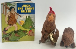 lot 50 image: Vintage Jack the Giant Killer Book with Wind-Up Monkey and Plush Bear Toys