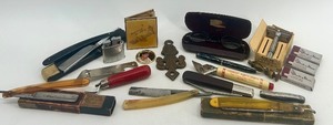 lot 70 image: Vintage Barber Shaving Collectibles Lot with Razors, Safety Blades, Eyeglasses, and Tools