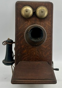 lot 77 image: Antique Monarch Wall-Mount Wooden Telephone with Brass Bells