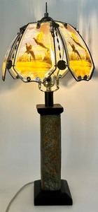 lot 81 image: Glass Table Lamp with Pheasant Scene Shade and Stone Base