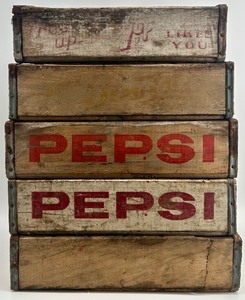 lot 82 image: Set of 5 Vintage Pepsi Wooden Soda Crates with Bottle Dividers