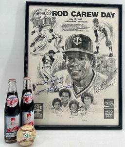 lot 90 image: Rod Carew Autographed Memorabilia Set - Framed 1987 Poster, Baseball, and Twins Coke Bottles