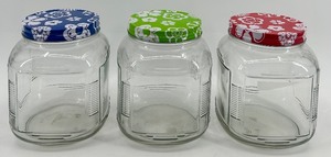 lot 92 image: Set of 3 Glass Storage Jars with Colorful Floral Lids
