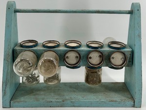 lot 93 image: Vintage Wood and Glass Bolt Organizer with room for 20 Jars