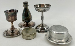 lot 110 image: Collection of Vintage Silverplate Communion Pieces Including Chalice, Cruet, and Patens