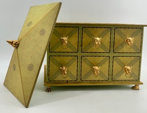 lot 112 image: Decorative Chest with Gold Lion Pulls and Ornate Lid