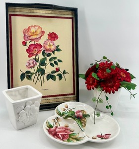 lot 119 image: Floral Home Decor Collection with Floral Tray, Ceramic Dishs, and Planters