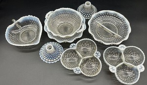 lot 120 image: Set of Vintage Hobnail Opalescent Glass Bowls, Divided Dishes, and Candle Holders