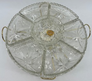 lot 121 image: Anchor Hocking Early American Prescut Glass Sectional Serving Tray Set with Stand