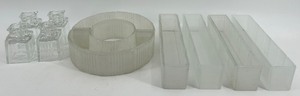 lot 123 image: Vintage Glass Floral Tableware Set with Square Holders, Curved Bands, and Rectangular Trays
