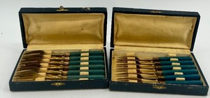 lot 167 image: Set of 12 Vintage Brass Forks with Blue Handles in Original Cases