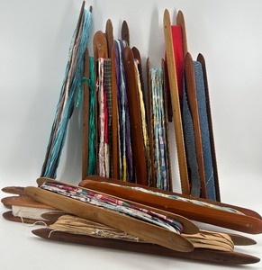 lot 177 image: Collection of Vintage Wooden Textile Shuttles with Fabric Strips